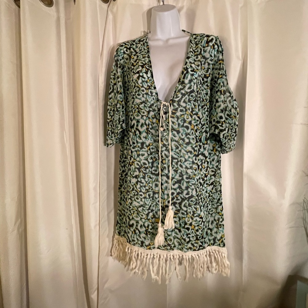 Beach Stop L  Darling cover up  with fringe.front tie, cold shoulder multiclor